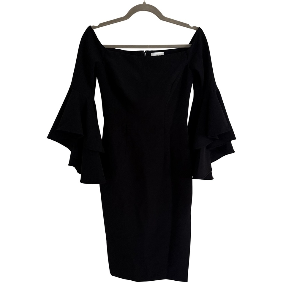 Milly Black Off The Shoulder Tiered Bell Sleeve Dress Size 0 LBD Witchy Formal